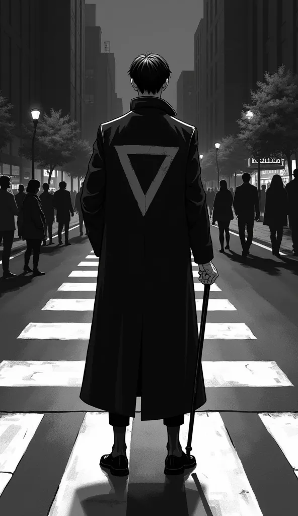 Draw me a guy standing at a crossroads near a pedestrian zebra. There are people around, night city. He is wearing a knee-length black coat, an inverted gray triangle is painted on the back of the cloak, in his right hand black cane, the guy's height is 17...