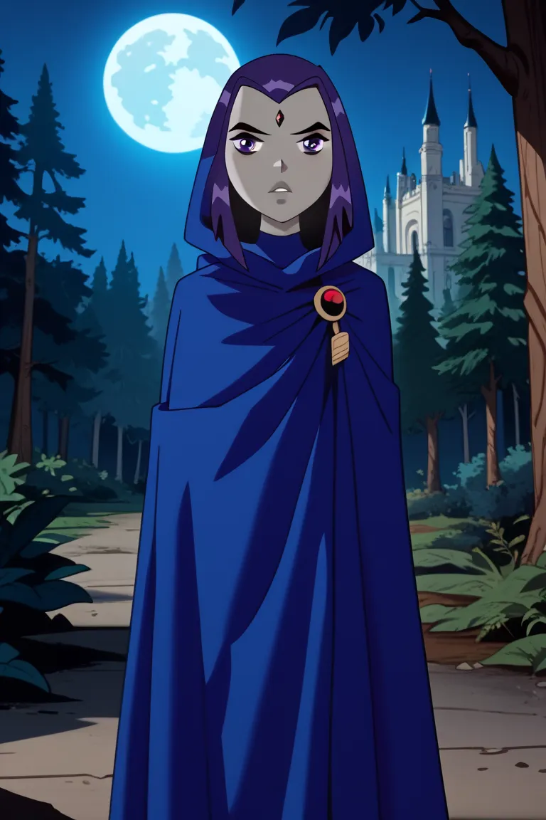 1girl, solo, raven (dc), purple eyes,  purple hair, grey skin, forehead jewel, blue cape covering whole body, long blue cape, night, forest, tower, cape shifting, hood covered head, standing, High Resolution, Best Quality, Masterpiece, 