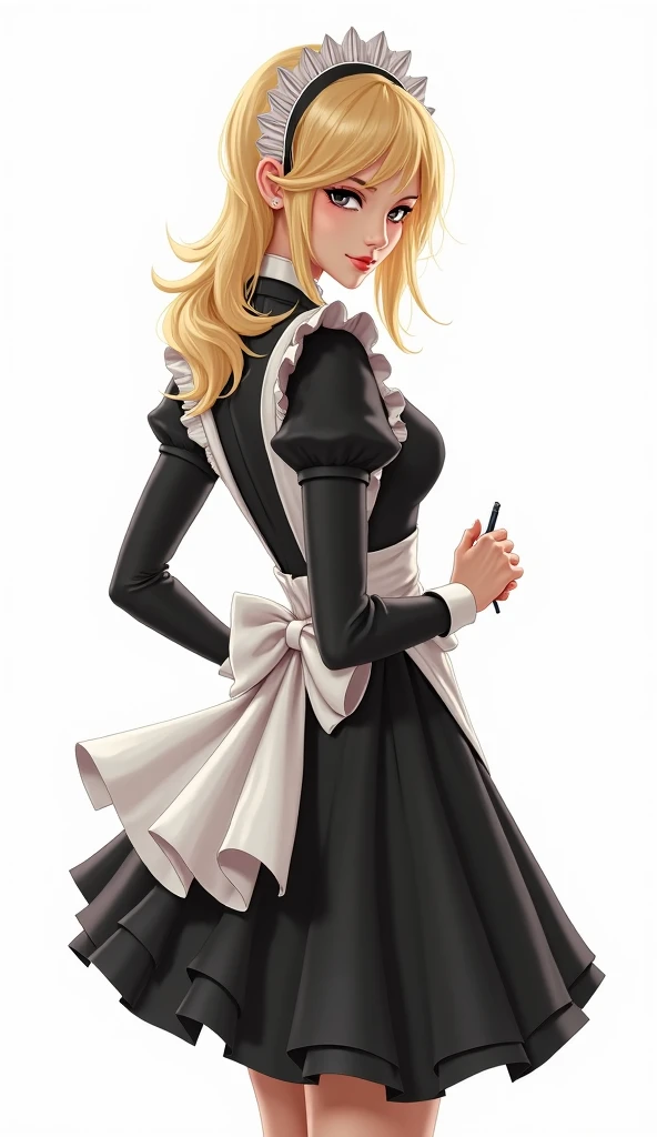 Blonde maid with cold eyes and attitude, Madura, sexy, full body, white background,  Good body