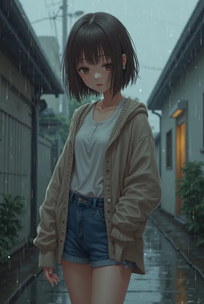 A 23-year-old girl with short hair and brown fringes, dressed in shorts, a white shirt and a sweater crying in the rain outside a building 