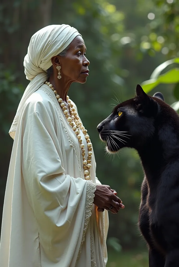 An elderly black woman in white African-style clothes and a white cloth on her head next to a black panther