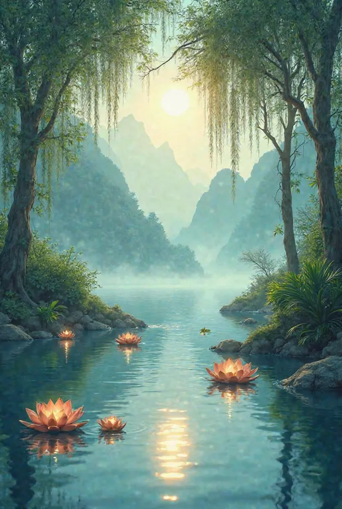 "Create a peaceful YouTube banner for 'Calm Oasis', featuring a calm, gently flowing river surrounded by lush greenery and misty mountains in the distance. The water should reflect the soft glow of a sunrise or moonlight, creating a dreamy and serene atmos...