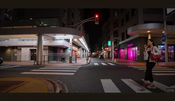 A woman walking through the city at night 