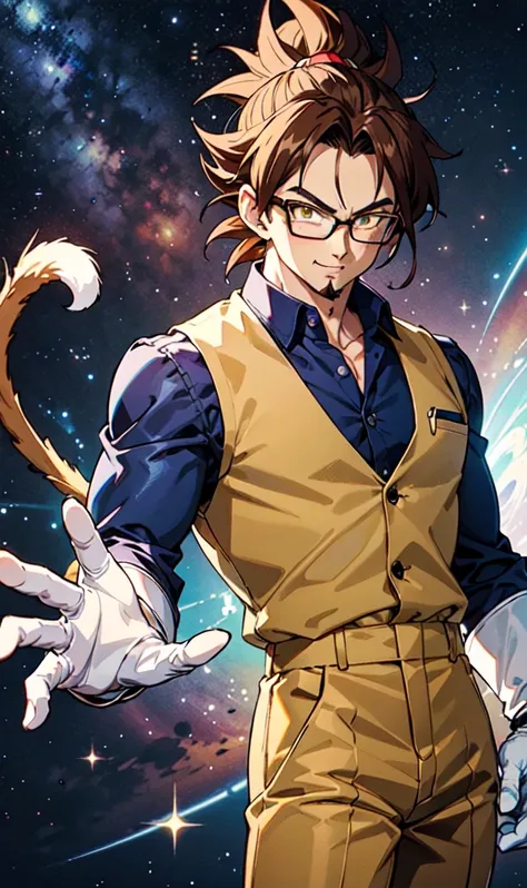 Cornelius flying through space, cosmic background, surrounded by powerful aura and energy, (masterpiece, best quality:1.2) perfecteyes eyes, a medium anthro muscular brown and tawny lion man with a ponytail, feline, male, furry, has no mane, mane-less, sub...