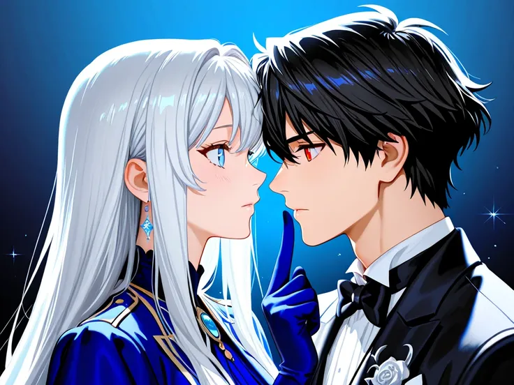 1boy, 1girl ,A detailed anime-style illustration of two characters in formal attire against a romantic purple/pink gradient background. In the foreground is a young prince man with short black hair and intense eyes wearing a dark prince suit, closely embra...