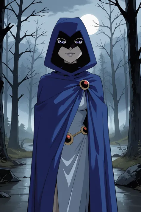 1girl, solo, raven (dc), purple eyes,grey skin, smile, blue cape covered body, long blue cape, cape reaches the ground, standing, night, fog, forest, wind, cape blow of tbe wind, hood covered head, Looking at viewer, High Resolution, Best Quality, Masterpi...