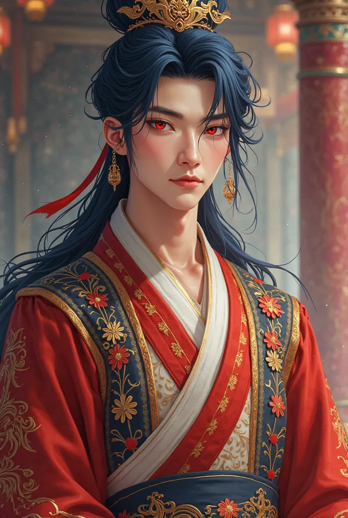 donghua style portrait of a Chinese prince with midnight blue hair, red eyes and a red and gold hanfu