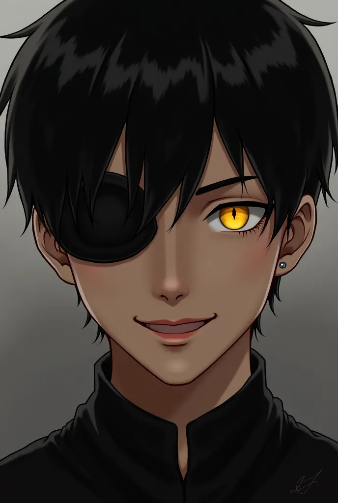 young man with short black hair with yellow eyes with a confident smile with a patch over his left eye 