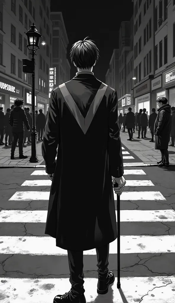 Draw me a guy standing at the crossroads near a pedestrian zebra. There are people around, night city. He is wearing a knee-length black coat, an inverted triangle is painted on the back of the cloak without corners and in gray, in his right hand black can...