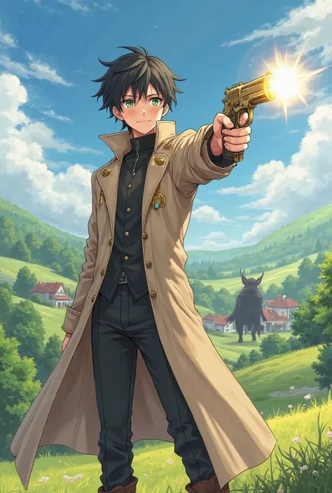 *"An anime-style illustration of a 22-year-old young man with slightly messy black hair and intense green eyes. He has a calm and serious expression, with a soft blush on his fair skin. His outfit consists of a long beige jacket with a high collar, slightl...