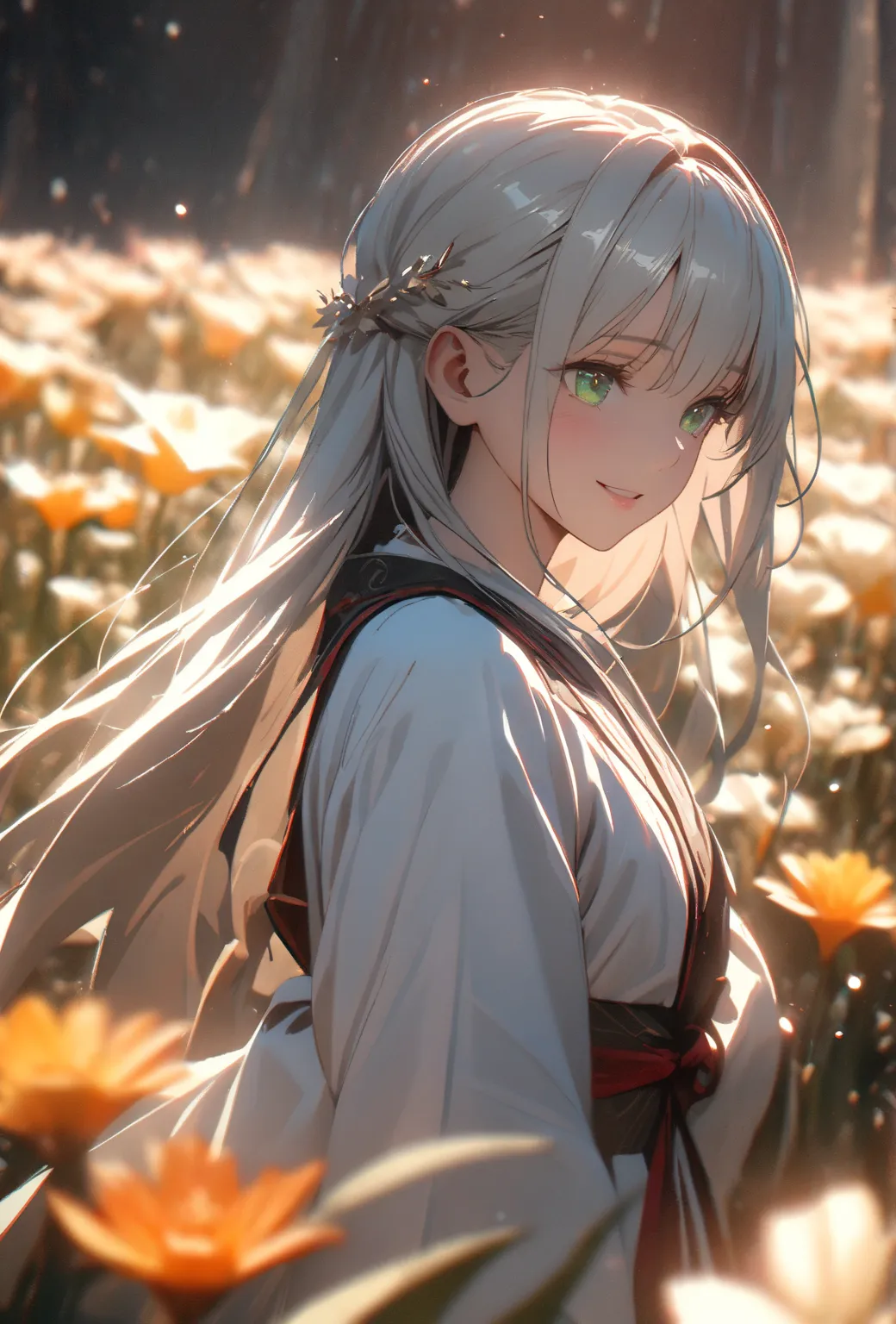 1 female, young girl, 12, wearing a long white kimono, rolled up sleeves, white hair, long hair, dense hair, face to detail, detailed eyes, bright green eyes, red ribbin, smiling wide, laughing, the background is a flower field with snow. attractive, eye r...