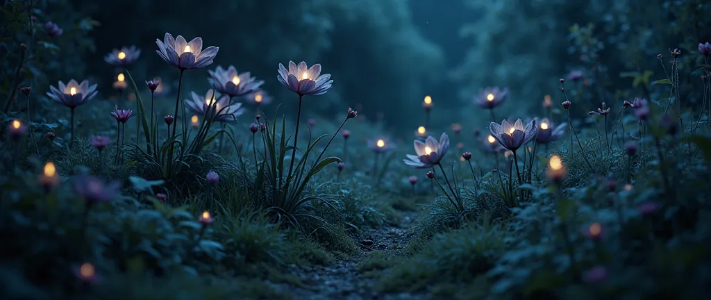 Imagine a garden at midnight。, Mysterious petals slowly fall from a black and purple flower. The petals shine softly, Magical light falling on dark grass,  scene , A sense of another world.