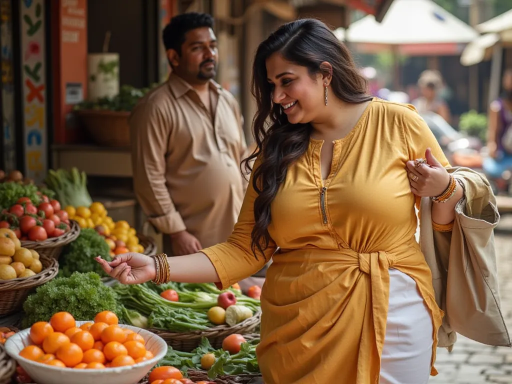 A 27 years old ,matured,american white woman with A plus sized fitted body with full figured shape, ivory white round-shaped face.

She and her husband. She bends down to pick fresh vegetables at an open-air market, chatting with a friendly old vendor. Her...