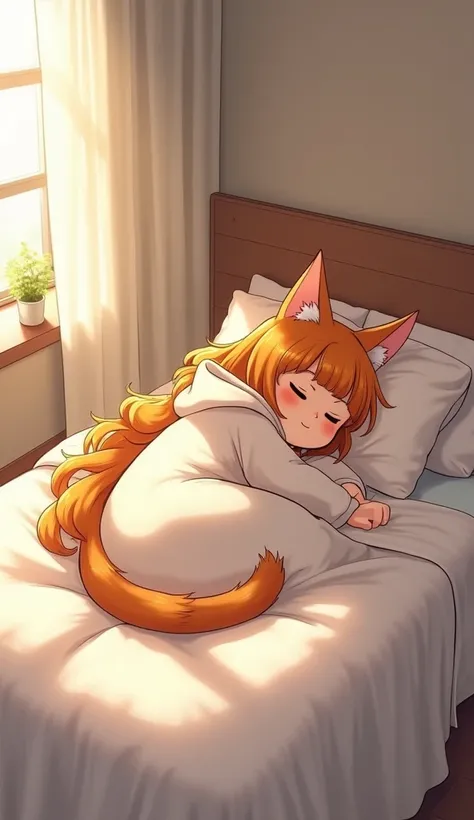 "Create an image of an anthropomorphic orange tabby cat girl sleeping peacefully in a cozy bedroom. She has long, flowing orange hair with a slight wave, cat ears, and a fluffy orange tail. She is wearing an oversized white hoodie and is curled up on her s...