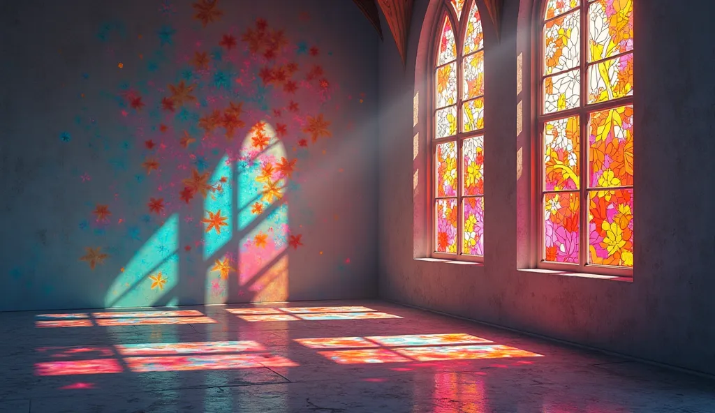 The theme is "Shadows on the Wall", animation, 8K quality, artwork, church-stained glass patterns reflected on the wall, very beautiful, vibrant colors.