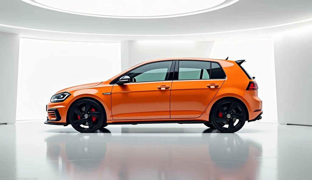 Create a high-quality image of a 2025 Volkswagen Golf GTI in a striking orange color, showcasing its left side view. The car is positioned inside a modern white showroom with bright, soft lighting that highlights its sleek and sporty design. The aggressive...