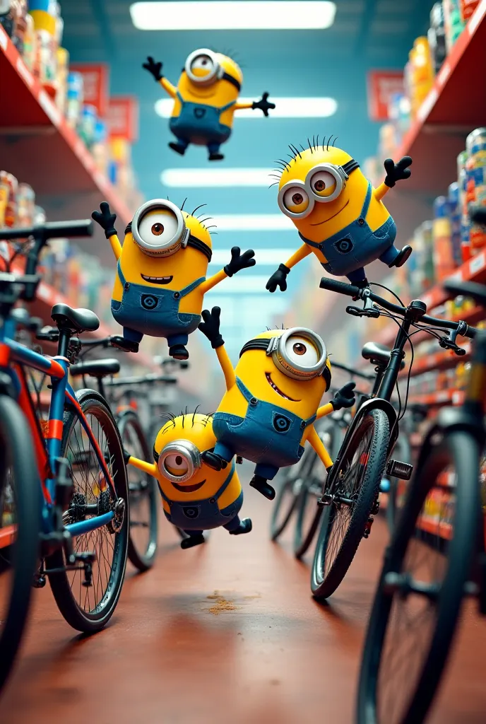 The minionS figthing in the bike storeg