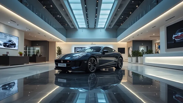 A stunning ultra-HD 8K cinematic image of a modern luxury car showroom, illuminated with sleek ambient lighting. A gleaming 2025 Jaguar GT is positioned in the center, reflecting the sophisticated environment. The showroom features polished marble floors, ...