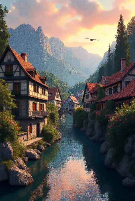 a small village by the river, mountains in the background, floral flowers colorful, detailed landscape, Beautiful natural landscapes, atmospheric lighting, scorching sunset, warm colours, practical, photopractical, Detailed Foliage, complex buildings, cobb...