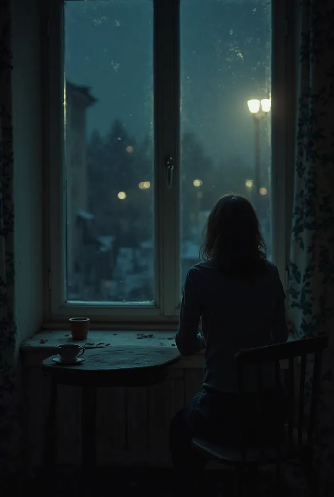 "A lonely person sitting by a dimly lit window at night, gazing outside with a melancholic expression. The surroundings are quiet, with a cup of untouched coffee on the table, symbolizing deep thoughts. The atmosphere feels cold and distant, yet peaceful. ...