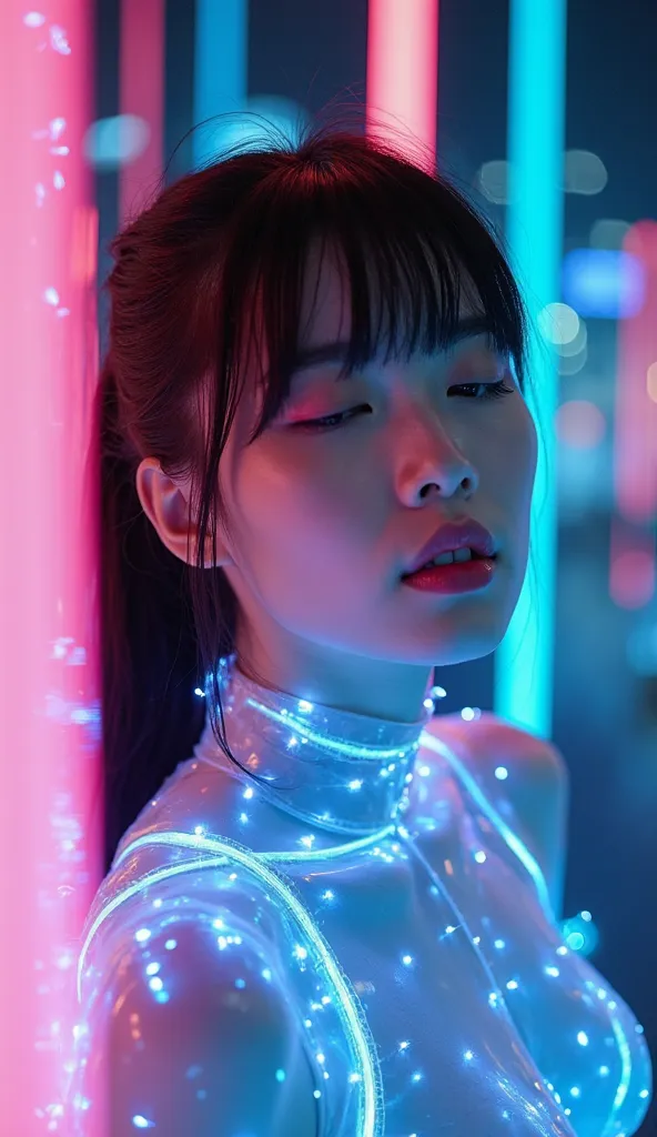 ( for the viewer ), asian women (supermodel, Beautiful face) in glowing transparent neon bodysuit、A rising strip of light supports the body、Mysterious scene、Body hovering in the air ,  lying with eyes closed 、Dark black ponytail、 Straight long hair 、[high、...