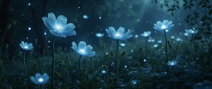 Imagine a garden at midnight。, Mysterious petals slowly fall from a black and purple flower. The petals shine softly, Magical light falling on dark grass,  scene , A sense of another world.