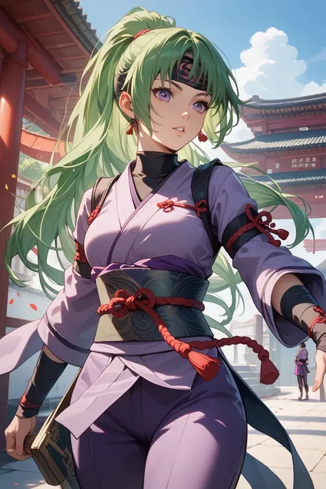 Kunoichi with long green hair in purple ninja clothes, please