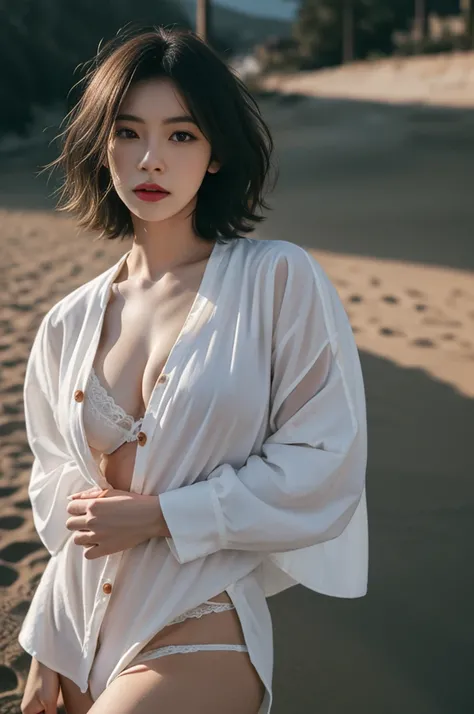 White Miko Dress, excellent work, Ultra High Definition, ( Realistic Images:1.5), Raw images, 1 girl, Sandy beach, Dark shadow, Low Key , cold light, Look sexy,  short hair , ((Covered with a shirt that does not fasten buttons)) ,(  black underwear ) ,big ...