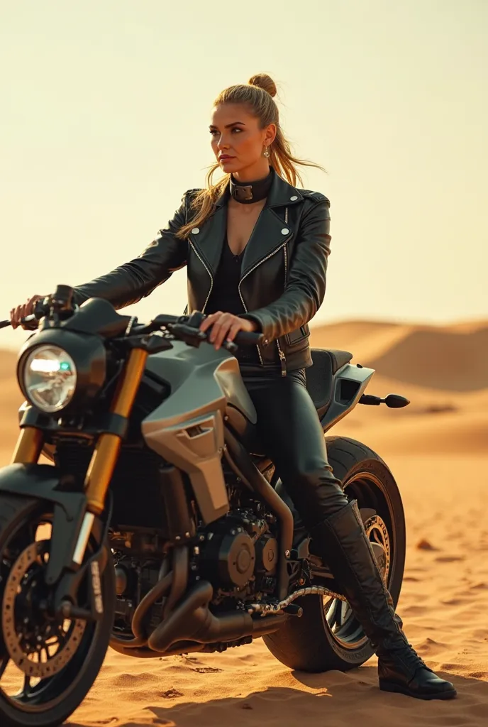 A high-quality cinematic scene featuring a stunning blonde woman with a ponytail hairstyle. She is sitting confidently on a sleek, futuristic motorcycle, her pose emphasizing her alluring and curvaceous figure. She wears a cool biker-style leather jacket, ...