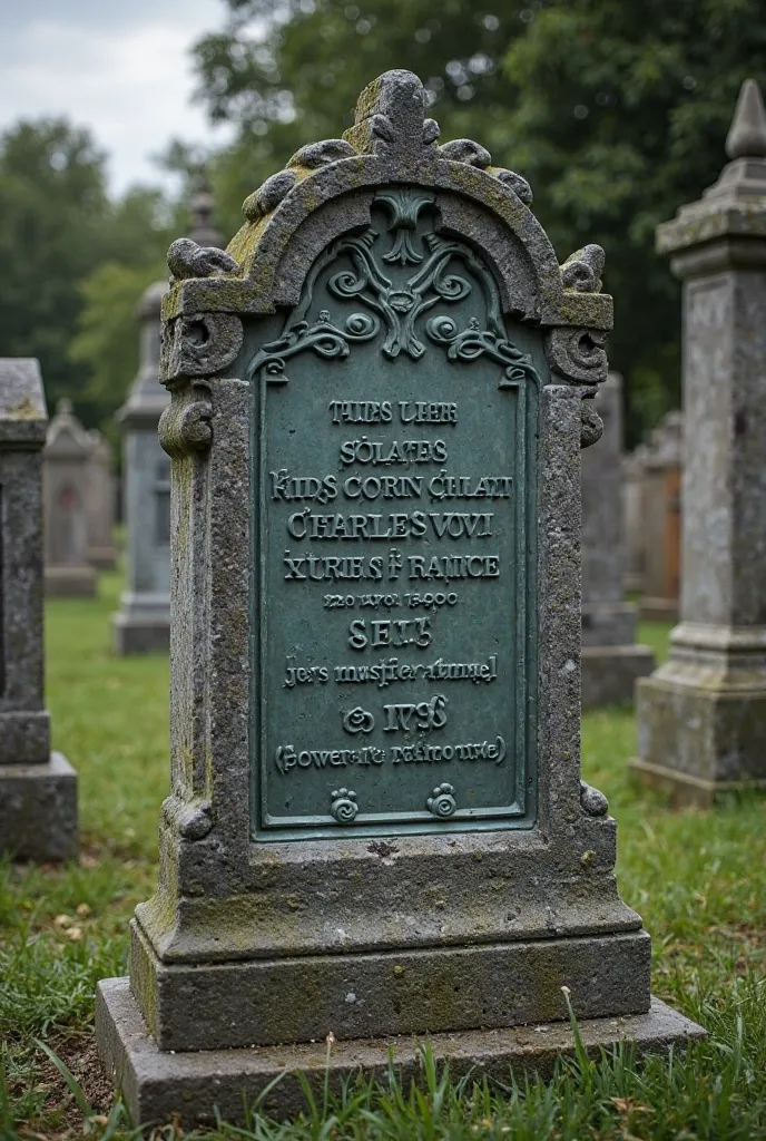 a plaque with the words "Charles VIII 1470-1498 lower the next time" In a cemetery