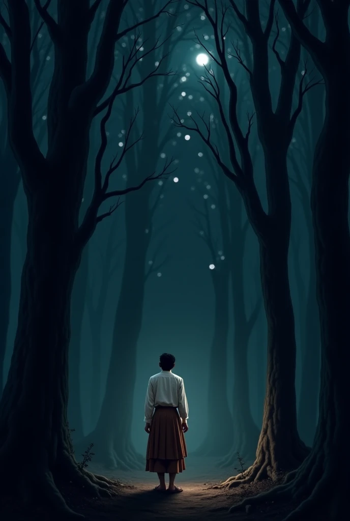 "A dark and eerie forest at night, with strange glowing lights in the distance and a mysterious sound coming from the trees. The sky is dark with no moon, and the forest is dense with tall, twisted trees. A figure in a white kurta and brown dhoti, with bla...