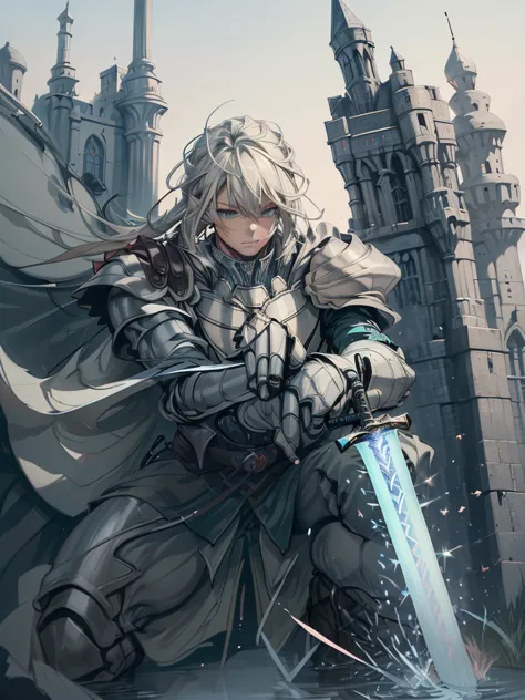 (best quality, high-res, masterpiece:1.2), ultra-detailed, anatomically correct, male, sword, light magic from hand, fantasy, castle, armor. full body, heroic