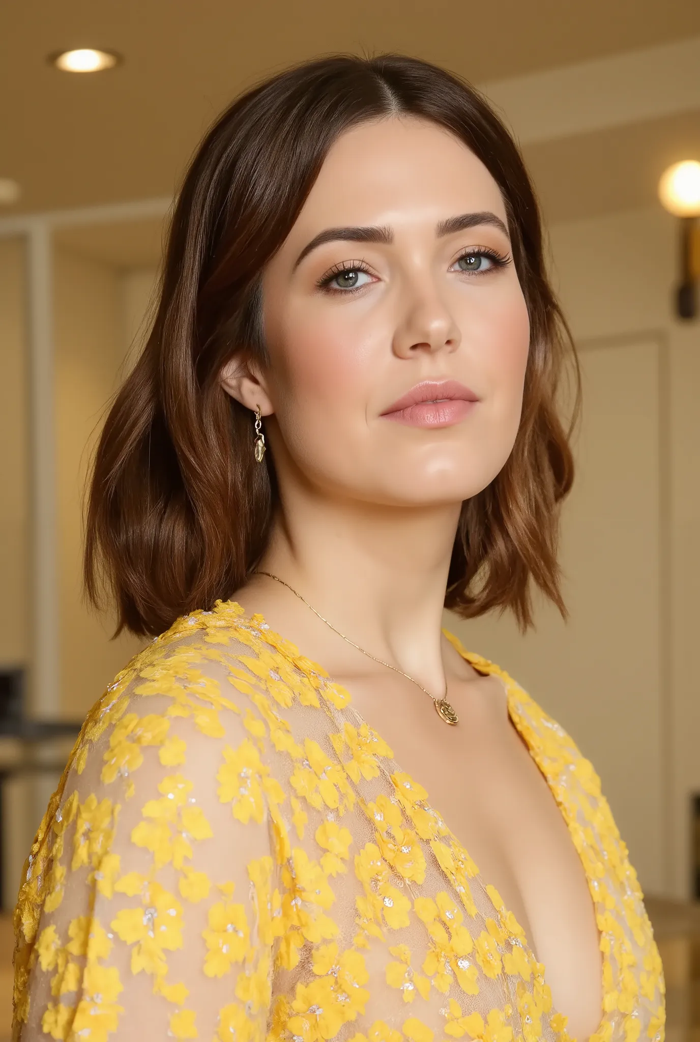 best quality, highres, 8k, masterpiece, photography, detailed midbody photorealistic portrait. Mandy Moore wears a vibrant yellow Japanese-inspired lingerie set featuring a halter neckline and cherry blossom patterns hand-painted across the fabric. The bod...