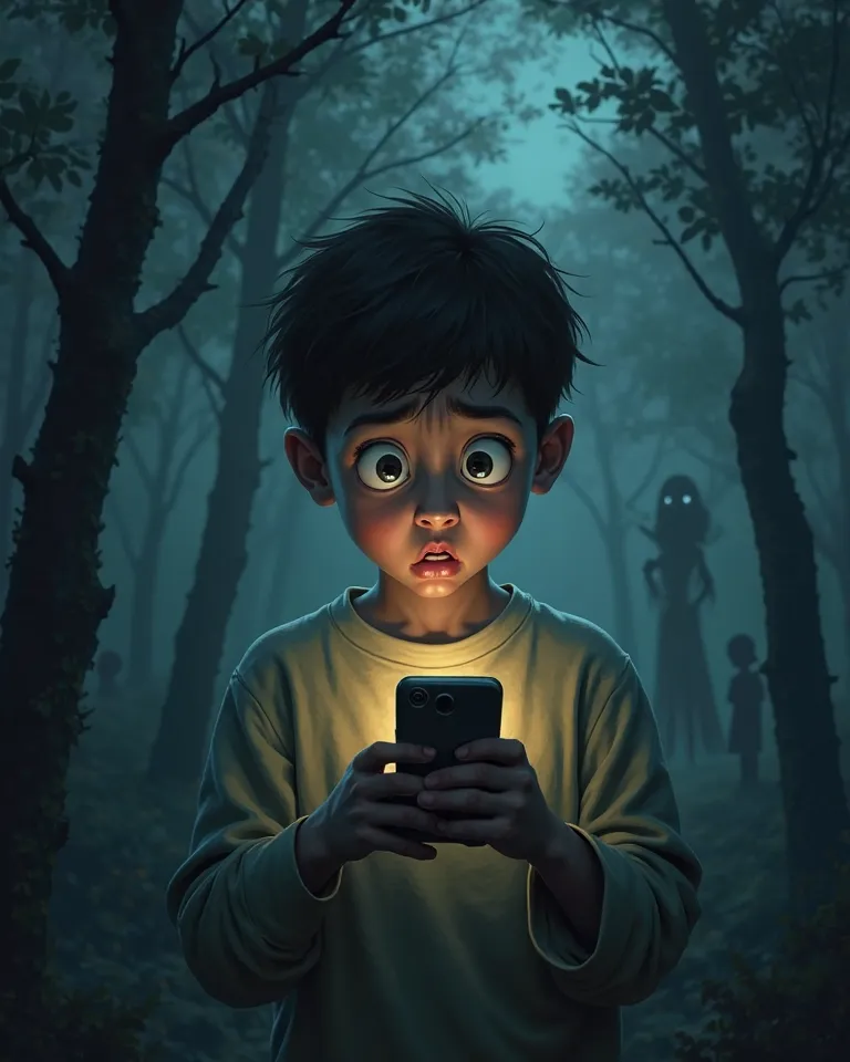 A terrified age boy is illuminated by the dim glow of his phone screen in a dense, foggy forest at night. His wide eyes are filled with panic, lips slightly parted as he whispers. Shadows loom in the background, and faint, ghostly figures blend into the mi...