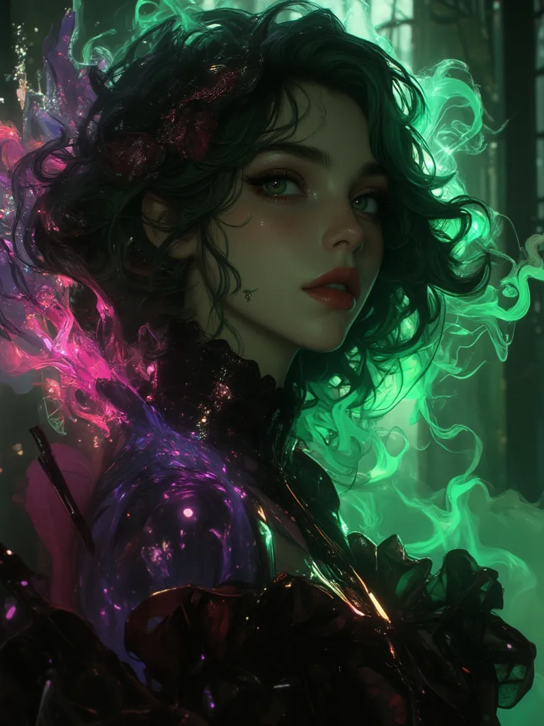 Ultrarealistic young gothic model of a woman with fiery green hair, окруженный вихрящимися радужными fogами пыли,fog,smoke , , her body is decorated with glowing pink and purple mineral formations. Excerpt 1/ 1000, Jesus 1000, , Low light, cinematic scene,...