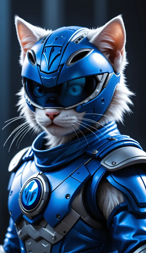 Anthropomorphic kitten wearing a Blue Power Ranger suit, detailed helmet with a blue visor, sleek armor design, dynamic pose, vibrant blue colors, highly detailed fur texture, cinematic lighting, ultra-realistic, 8k resolution.