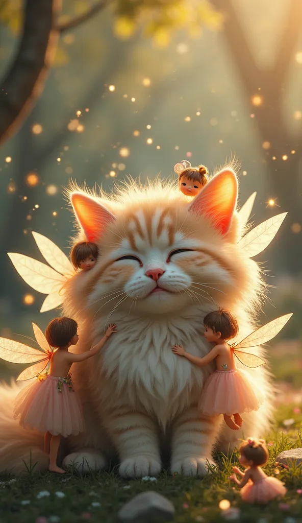 "A group of delicate, glowing fairies with translucent wings gently embrace a fluffy, content cat. The fairies, each with unique shimmering outfits in pastel hues, wrap their tiny arms around the cat’s soft fur, their expressions filled with warmth and aff...