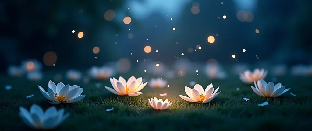 Imagine a garden at midnight。, Subtle petals slowly fall from the flower. The petals shine softly, Magical light falling on dark grass,  scene , A sense of another world.