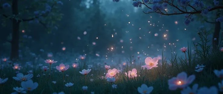 Imagine a garden at midnight。, Subtle petals slowly fall from the flower. The petals shine softly, Magical light falling on dark grass,  scene , A sense of another world.