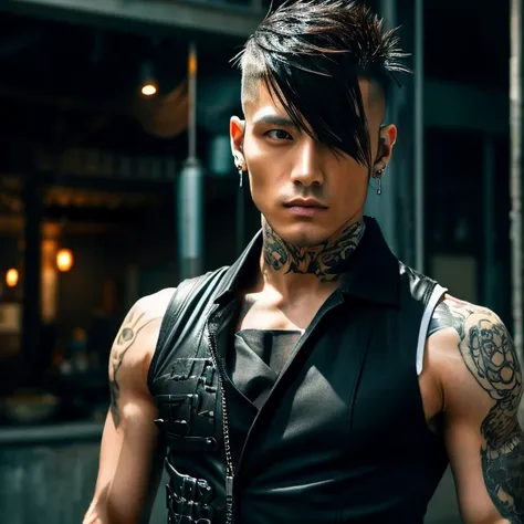 1 Japanese streampunk goth man, male, Asian eyes, muscular, broad shoulders, tattoos, hairstyle mohawk cut, black men's shirt and black pants, ultra detailed face and eyes, hyperrealistic, realistic representation, shoulder-length hair, 40 years old, age 4...