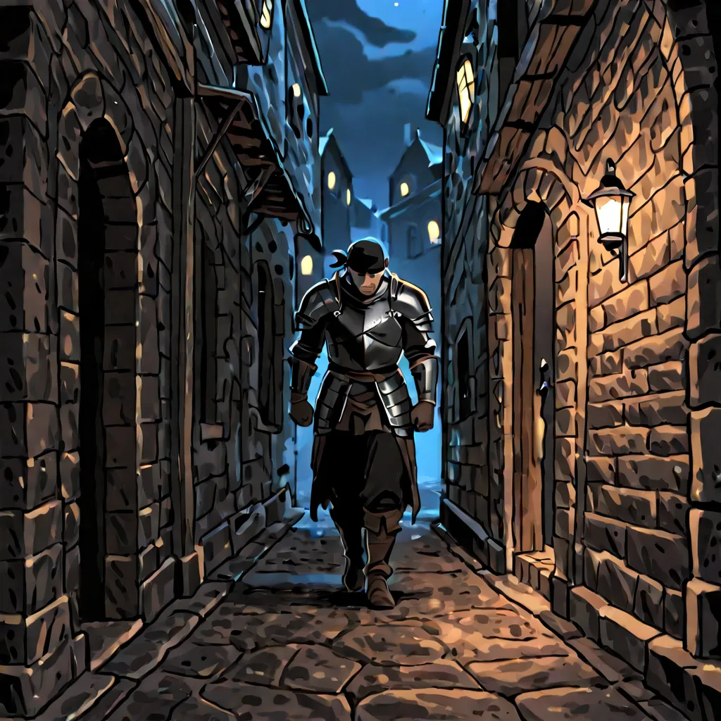 The man, dressed in dark scaled armor and matching dark clothes, looks exhausted. His face is covered by a dark bandana, matching his outfit. He's walking down an alley in a medieval town, illuminated only by moonlight. A close-up of a man depicting a lepe...