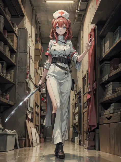 whole body shot, large breasts, narrow waist, red hair, short hair, wavy hair, half updo, broad katana, Nurse uniform, 