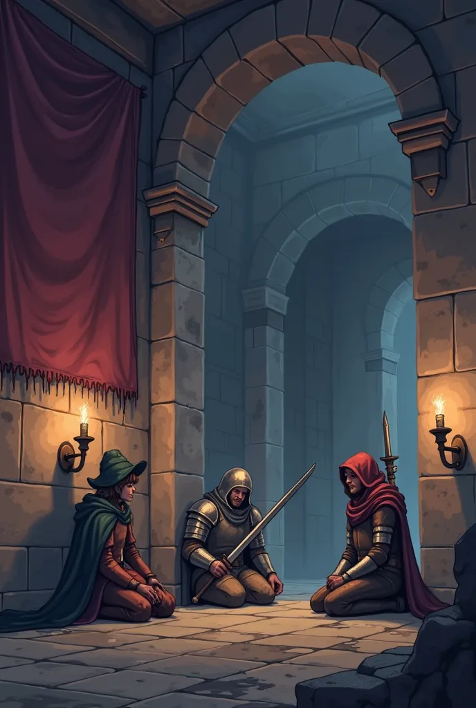 Details pixel style, three young heroes sitting on the floor against a wall, just regaining consciousness. A mage in a cloak and hat, a warrior in plate armor with a shield and sword, and a rogue in leather armor with a hood. They are in a large, dimly lit...