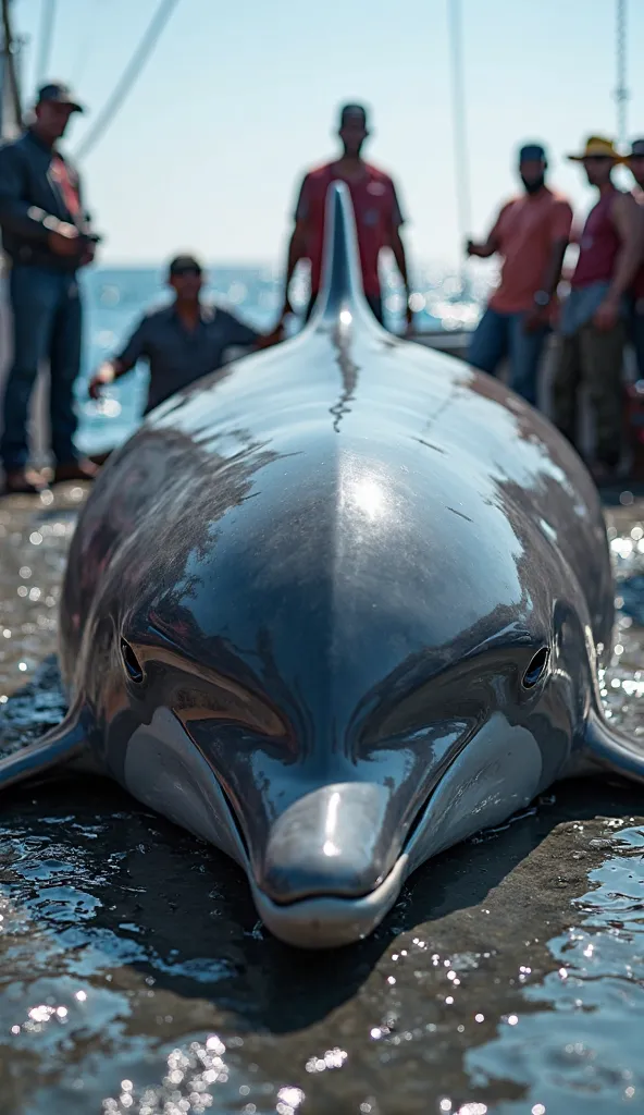 "A majestic, oversized dolphin lies on the deck of a fishing ship, its sleek, wet skin glistening under the bright daylight. Its body shimmers with deep blue and silver tones, reflecting the sunlight. The dolphin’s intelligent eyes seem to tell a story, fi...