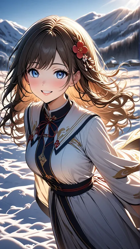 16K brown hair, short side braided hair,  old high school girl X's hair ornament, super beautiful, white shoulder dress costume, snow plum blossom, smile over blue sky, morning light