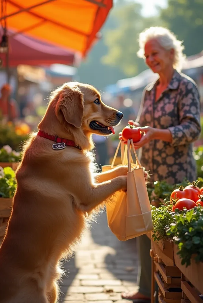 "A sunny morning at a bustling farmer's market. A golden retriever with a shiny, well-groomed coat stands on his hind legs, holding a reusable shopping bag in his mouth. His tail wags excitedly as he sniffs a ripe tomato at a vegetable stall. The vendor, a...