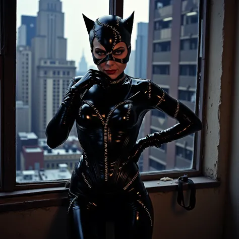 catwoman92michellepfeiffer90s black skintight latex body suit black corset black choker black gloves black boots black full facemask eyeslits two small cats ears black chinstrap red lipstick black eyeshadow facing the camera one hand on hip the other holdi...