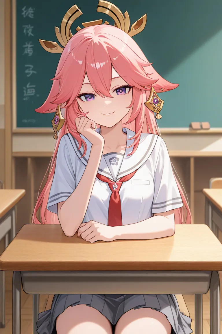 I want to create a picture of Yae miko wearing a junior high school uniform sitting on a chair in a big boob class sitting at a table for 2 people 