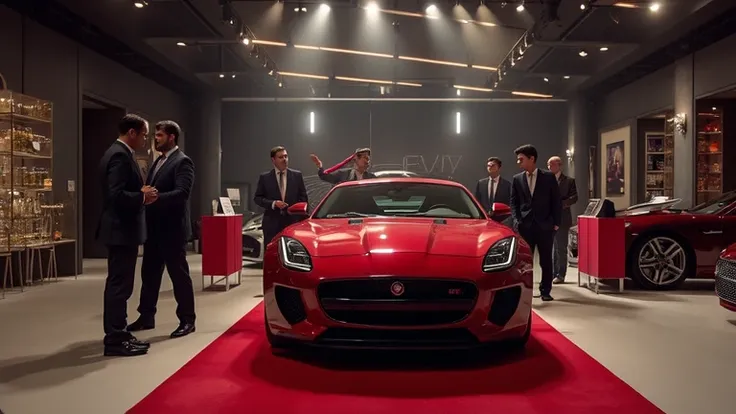 A cinematic ultra-HD 8K image of a luxury car showroom featuring a VIP event, where high-profile guests are being introduced to the 2025 Jaguar GT. The setting includes a red carpet, champagne service, and exclusive branding elements highlighting the car’s...