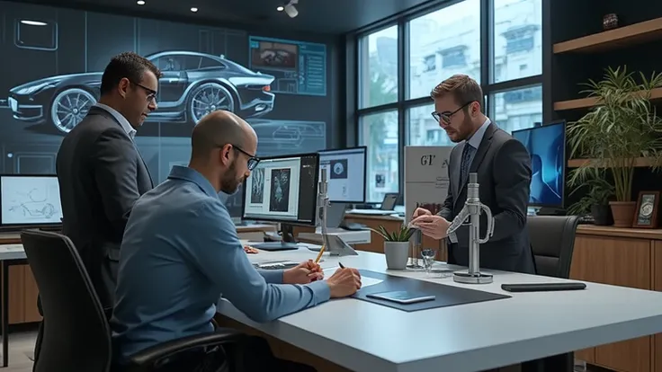 An ultra-HD 8K cinematic image of a team of automotive designers in a luxury showroom, sketching and digitally rendering future Jaguar GT concepts. The setting includes high-tech workstations, large monitors, and digital blueprints of cutting-edge vehicle ...